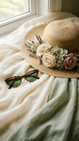 Straw sun hat decorated with roses and lavender flowers next to sunglasses on white bedding by window. Summer vacation and travel accessories concept.
