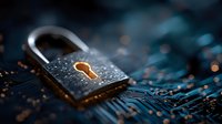 Digital security padlock with glowing keyhole on circuit board representing cybersecurity, data protection and network safety for business technology.
