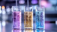 Sparkling drinks in tall glasses with colorful purple, gold and blue effervescent liquid on dark background with bokeh lights, refreshing cocktails for celebration.