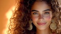 Young mixed race woman with natural curly hair and golden hoop earrings smiling warmly in soft sunset lighting, showcasing natural beauty and authentic expression.