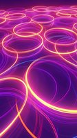 Glowing neon circles create dynamic pattern with vibrant purple and pink gradient background, illuminated rings floating in perspective for modern tech design.
