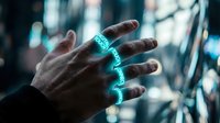 A hand wearing glowing neon bracelets against a blurred urban backdrop, representing digital connection, technology innovation, and futuristic lifestyle for design and marketing use.