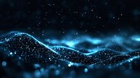 Glowing blue particles form dynamic wave pattern against dark background with bokeh light effects and shimmering dots creating futuristic abstract composition.