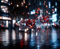 Floating crystal hearts suspended in rain on wet city street at night with colorful bokeh lights creating romantic urban atmosphere for Valentine's Day designs.