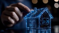 Digital hologram house glowing with blue light and connection dots floating above businessman hand in dark room with bokeh background.
