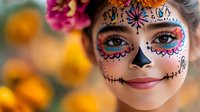Young woman with traditional sugar skull face paint makeup smiling against orange bokeh background during Day of Dead celebration. Mexican folk art style face art.
