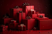Red gift boxes with black and silver bows arranged in elegant composition on dark red background with sparkles and glitter for luxury holiday presentation.