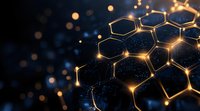 Glowing golden hexagonal molecular structure with light effects on dark background, scientific concept visualization for chemistry, technology and innovation.