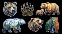 Grizzly bear head with brown fur and detailed facial features, paw print with sharp claws, mother bear with cub, mountain landscape bear silhouette, aggressive roaring bear, and tricolor bear design isolated on transparent background. Ready for t-shirt designs, clipart, stickers, sublimation, and print-on-demand products.