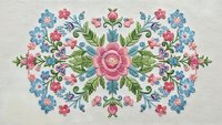 Embroidered floral motif with pink roses and blue flowers in folk art style on cream fabric background for textile design and craft projects.