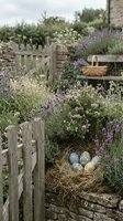 Rustic cottage garden with wooden fence, lavender plants and decorative bird nest containing speckled eggs nestled among purple flowering herbs and stone walls.