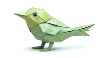 Green origami bird with geometric folded paper design on white background, isolated decorative paper art figure for creative projects and crafting inspiration.