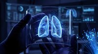 Gloved hand holding transparent display showing illuminated lung anatomy with digital data visualization in modern medical technology laboratory environment.