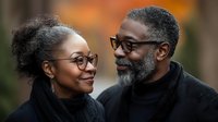 Mature African American couple sharing tender moment outdoors, both wearing glasses and black sweaters, expressing genuine love and connection against blurred autumn background.