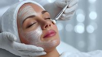 Professional spa facial treatment with white clay mask application by cosmetologist using brush for skincare and beauty wellness therapy.