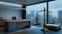 Modern law office interior with golden scales of justice on desk overlooking city skyline through floor-to-ceiling windows at dusk.