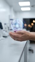Businessman holding glowing digital sphere with network connections in modern office environment, representing global technology, innovation, and data connectivity solutions.