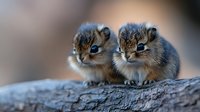 Two young rodents with brown and white fur sitting together on a wooden log, displaying curious expressions with prominent eyes and whiskers.
