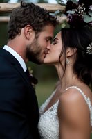 Romantic close-up of newlyweds sharing intimate kiss, bride in lace dress and groom in black suit, soft natural lighting creates dreamy wedding atmosphere.