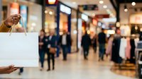 Young adult female with medium skin tone holding blank white card in modern shopping mall with blurred crowd and retail storefronts for promotional messaging.