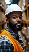 African American male warehouse worker wearing safety hard hat and reflective vest, with full beard and plaid shirt, in industrial storage facility setting.