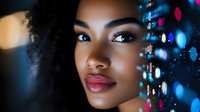 Young woman with dark skin tone and curly hair wearing bold makeup with glowing neon lights and digital interface elements, representing technology, innovation, and futuristic concepts for design projects.