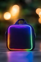 Square handbag with vibrant rainbow LED light trim glowing against blurred bokeh background, creating futuristic fashion statement. Modern accessory for night events.