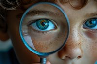 Young woman with blue eyes and freckles looking through magnifying glass for vision examination, medical research, detective investigation or scientific study.
