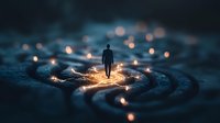 Silhouette of man standing in glowing spiral pattern with magical light orbs, dark moody background creates mystical atmosphere for spiritual and personal growth concepts.