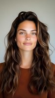 Young Caucasian woman with long wavy brown hair and natural makeup wearing brown sweater smiling at camera against neutral background for lifestyle content.