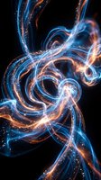 Abstract glowing energy waves with blue and orange neon light trails swirling against black background. Use for tech, science, digital innovation, and modern design projects.