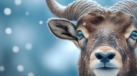 Young brown ram with bright blue eyes in winter close-up portrait against blurred snowy background. Artistic nature photography with bokeh effect.