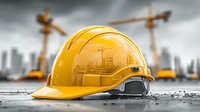 Yellow safety helmet on construction site with cranes and city skyline in background. Hard hat for building industry worker protection and workplace safety.