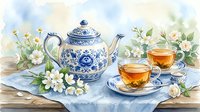 Watercolor tea set with blue and white porcelain teapot, two cups of tea, and white jasmine flowers on a wooden table.