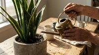 Senior man watering snake plant with small brass watering can in sunny home interior. Indoor gardening and plant care hobby for elderly lifestyle.