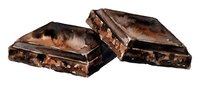 Broken dark chocolate pieces with cocoa powder residue on white background, isolated ready for food and beverage design projects.