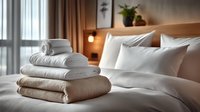 Neatly folded white and beige towels stacked on luxurious hotel bed with crisp linens, warm ambient lighting creating cozy atmosphere for hospitality industry.