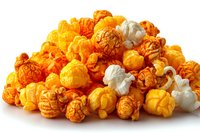 Colorful gourmet popcorn mix with cheddar cheese and caramel flavors, isolated on white background for food packaging and snack advertising.