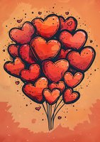 Red heart-shaped balloons bunch against orange sky background with black ink style outlines and romantic floating hearts, suitable for Valentine's Day designs.