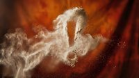 Dramatic flour explosion with swirling white powder clouds against warm orange background creating dynamic motion for culinary and baking content.
