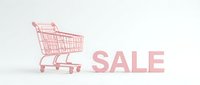 Pink shopping cart next to bold SALE letters on white background, perfect for retail promotions, discount banners, and e-commerce marketing designs.