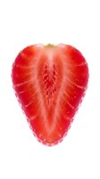 Fresh red strawberry half isolated on white background, showing seeds and texture. Use for food, nutrition, healthy eating, recipes, and culinary design projects.