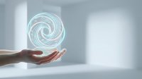 Hand holding glowing blue energy spiral orb with swirling light patterns in modern minimalist interior space for technology and innovation concepts.