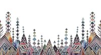 Geometric tribal forest border with patterned mountains and evergreen trees in ethnic style, isolated on white background for design projects.