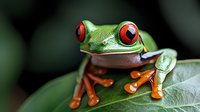 Red-eyed tree frog close up on green leaf showing vibrant colors and distinctive features. Macro photography captures amphibian's bright orange feet and lime green body in natural setting.