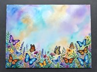 Watercolor meadow background with colorful butterflies and wildflowers, soft pastel sky in blue, purple and yellow tones for cards and prints.