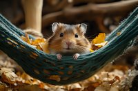 Adorable golden hamster relaxing in green hammock surrounded by autumn leaves, looking directly at camera with curious expression, creating whimsical outdoor scene.