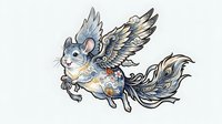 Whimsical flying squirrel with ornate wings and decorative gold patterns, isolated on white background for design projects.