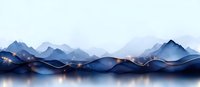 Luxurious navy blue mountain landscape with golden light elements on abstract waves, creating modern minimalist wall art design against misty background.