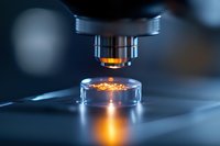 Microscope objective lens illuminating petri dish sample with orange light in dark laboratory setting, scientific research concept for biotechnology studies.
